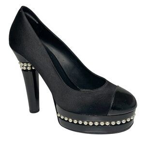 Chanel Pearl Platform Pumps Size 37.5 US 6.5-7 Black Satin Cap Toe High Heels